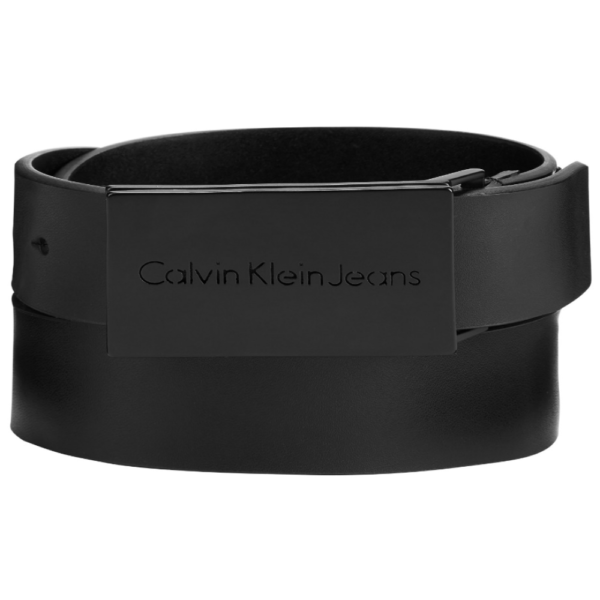 Calvin Klein Jeans Men’s Matte Black Leather Plaque Belt